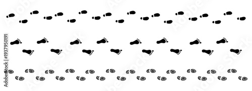 Human footprints set tracking path. Barefoot footprint trail of human mark. Footprint path simple silhouette.