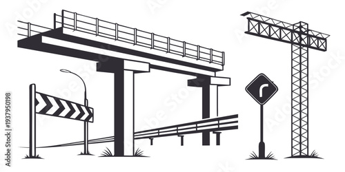 A detailed illustration of various types of road signs and traffic signals. Vector