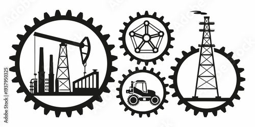 Industrial gears and machinery with cityscape and laboratory elements Vector