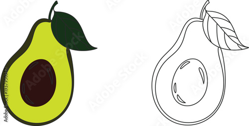 Green avocado half with dark pit and leaf line fruit