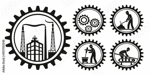 A collection of circular icons representing various aspects of industry and commerce. Vector