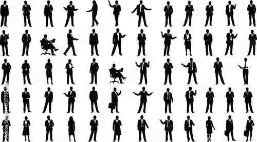 Business professional silhouettes, corporate executives, office workers, teamwork collaboration, leadership gestures