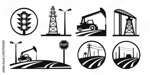 Various industrial and agricultural equipment and infrastructure icons Vector