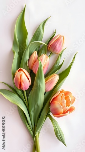 Fresh Pink and Coral Tulips Arranged in a Perfect Row on Clean White Background