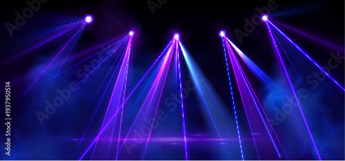 Vibrant laser beams in darkness, dynamic light rays with flare, abstract vector background. Concert stage, nightclub events, and party banner with neon glow effects