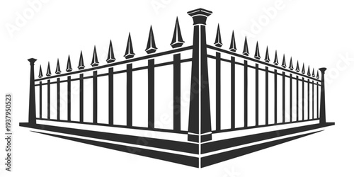 An ornate black metal fence with pointed tops and intricate designs. Vector