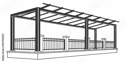 A spacious outdoor patio with a pergola and railing overlooking a scenic view Vector