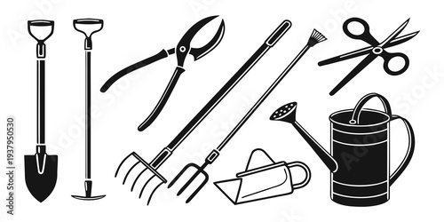 A variety of gardening tools laid out in a row, including a spade, rake, shears, and watering can. Vector