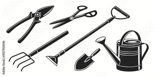 A variety of gardening tools including a watering can, shears, and a rake. Vector