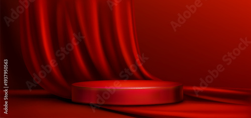 Red podium with scarlet velvet curtain frame, elegant stage platform with luxury drapes. Realistic vector 3d background with satin cloth for awards ceremony, product display, or cosmetic presentation