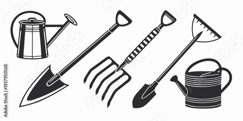 A collection of gardening tools including a watering can, shovel, rake, and garden fork. Vector