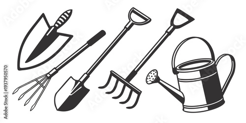 Assorted gardening tools including a rake, shovel, and watering can Vector