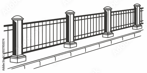 A detailed illustration of a long, ornate metal fence with intricate designs. Vector