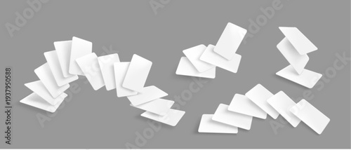 Blank flying poker card mockup with white deck elements, realistic vector set isolated on grey background. 3D template with falling cards for game presentation, business voucher design, or casino