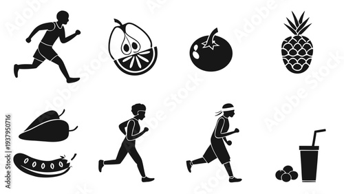 Illustrations of healthy lifestyle choices including exercise and nutrition Vector