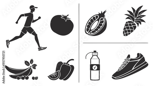 Illustrations of various healthy foods and activities for a balanced lifestyle. Vector