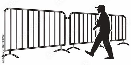 Person walking past a row of blue metal barricades on a sidewalk. Vector