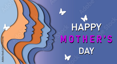 Happy mothers day greeting card with colorful silhouettes of womens faces and butterflies on blue background