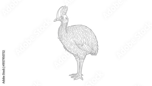 Cassowary sketch: Detailed monochrome sketch of a majestic cassowary. The artwork showcases the bird's unique crest, powerful legs, and overall impressive size and posture.