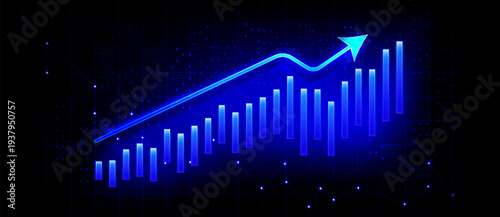 Financial market chart with candlestick pattern, stock growth trend and forex trading data, abstract vector blue digital background for business analysis. Global progress graph, rising neon blue arrow