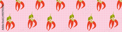 Seamless vector pattern of red chili pepper bunches with green leaves on a pink checkered background. Rustic kitchen style for tablecloths, cafe menus, and garden themes