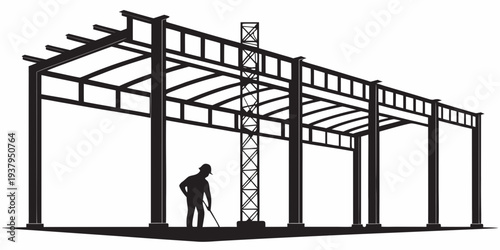 Construction workers building a large steel-framed industrial structure. Vector