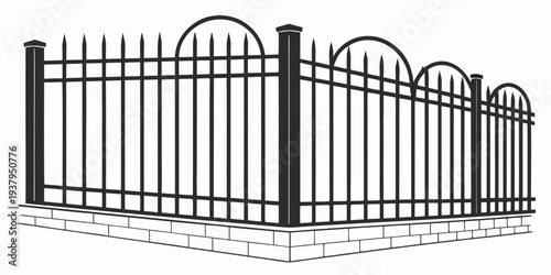A detailed illustration of a black metal fence with curved top bars and pointed finials. Vector