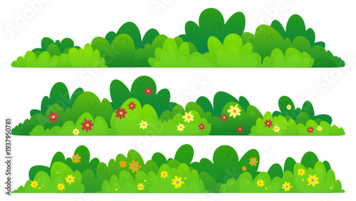 Green bush border cartoon vector illustration isolated on white background. Spring plant with blooming color flowers, natural garden hedge, park or forest design elements, summer landscape shrub