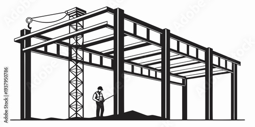 A detailed illustration of a steel frame structure being constructed by a worker. Vector