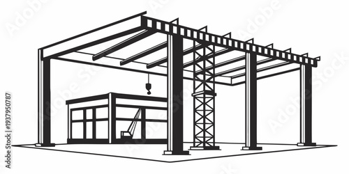 A detailed sketch of a modern outdoor pavilion with a pergola structure. Vector