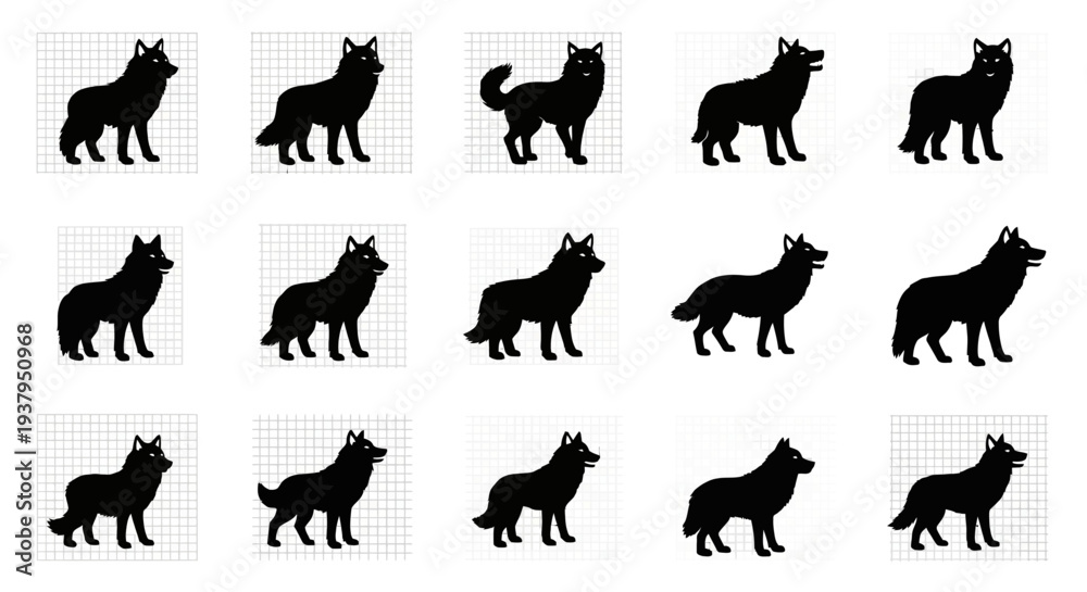 Obraz premium Collection of wolf silhouettes in various poses on grid background for design use