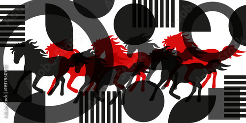 Modern 7 Horses wallpaper design. Vector illustration of Abstract 7 Horses silhouette on trendy geometric background. Perfect living room wallpaper print. EPS 10
