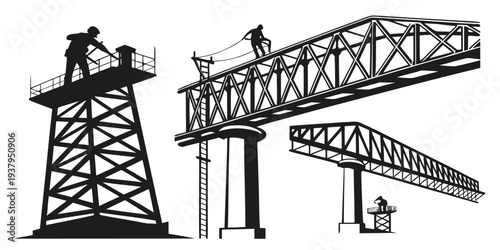 A vintage illustration of an oil rig and a bridge with intricate details and patterns. Vector