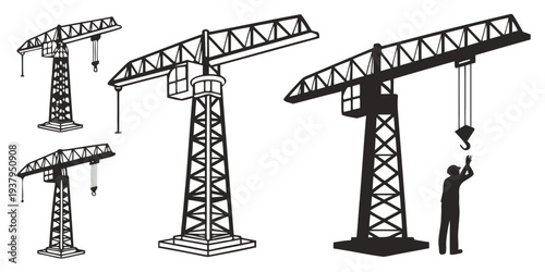 Illustration of four different types of cranes used in construction and industry Vector