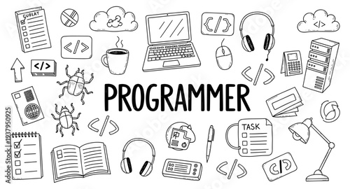 Doodle illustration of programmer's workspace with laptop, coffee, and coding symbols