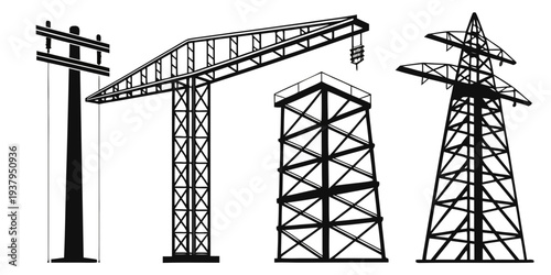Four different types of electricity pylons and towers in a row Vector