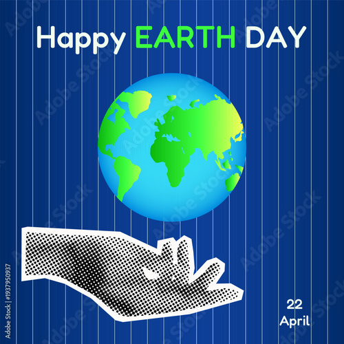 Earth Day poster. Modern vector Earth Day poster with Halftone effect hand and Gradient Vibrant color globe on trendy texture background. Perfect for social media Earth Day card EPS 10