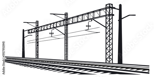 A detailed illustration of a railway bridge with multiple tracks and supporting structures Vector