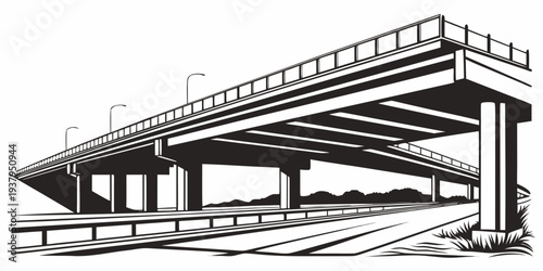 A detailed black and white illustration of a bridge over a river with supporting pillars. Vector