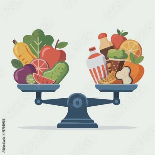 Healthy food versus junk food on balance scale illustration