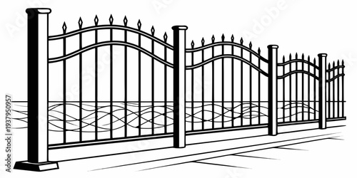 An intricate black iron gate with pointed arches and decorative details Vector