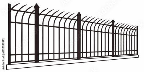 A tall, ornate metal fence with pointed tops and vertical bars extending high into the air Vector