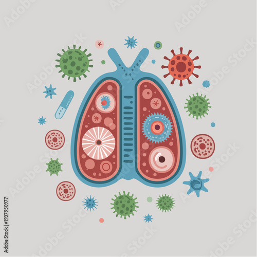 Illustration of lungs with virus and bacteria infection