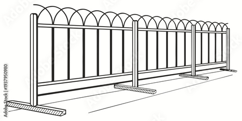 Modern metal fence with horizontal bars and vertical supports Vector