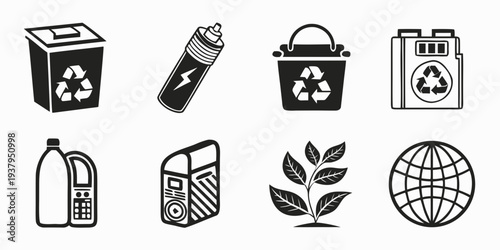 A collection of icons representing recycling and sustainability practices. Vector