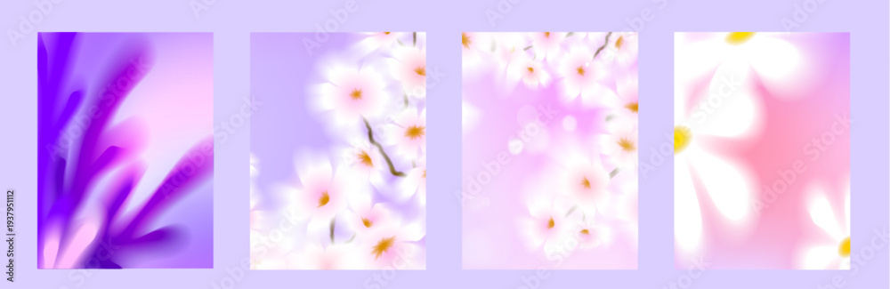 Obraz premium Blurred spring flowers on gradient pastel background. Vector realistic illustration of beautiful floral poster designs set, delicate pink and purple watercolor flowers, botanical greeting card motifs
