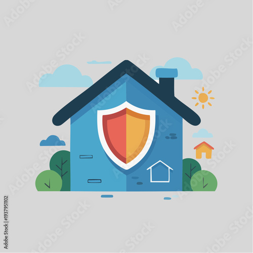 Protected home with shield illustration for security and insurance con