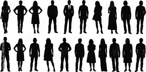 Business silhouettes, diverse professionals, male and female figures, office attire, casual clothing, corporate posture, teamwork, communication, leadership, collaboration, workplace diversity