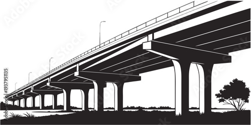 A long, elevated highway overpass stretches across a landscape with support columns beneath. Vector