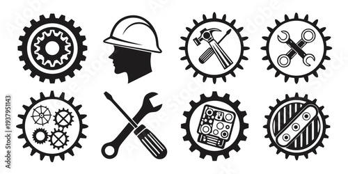 Assorted mechanical gears and tools arranged in a circular pattern. Vector